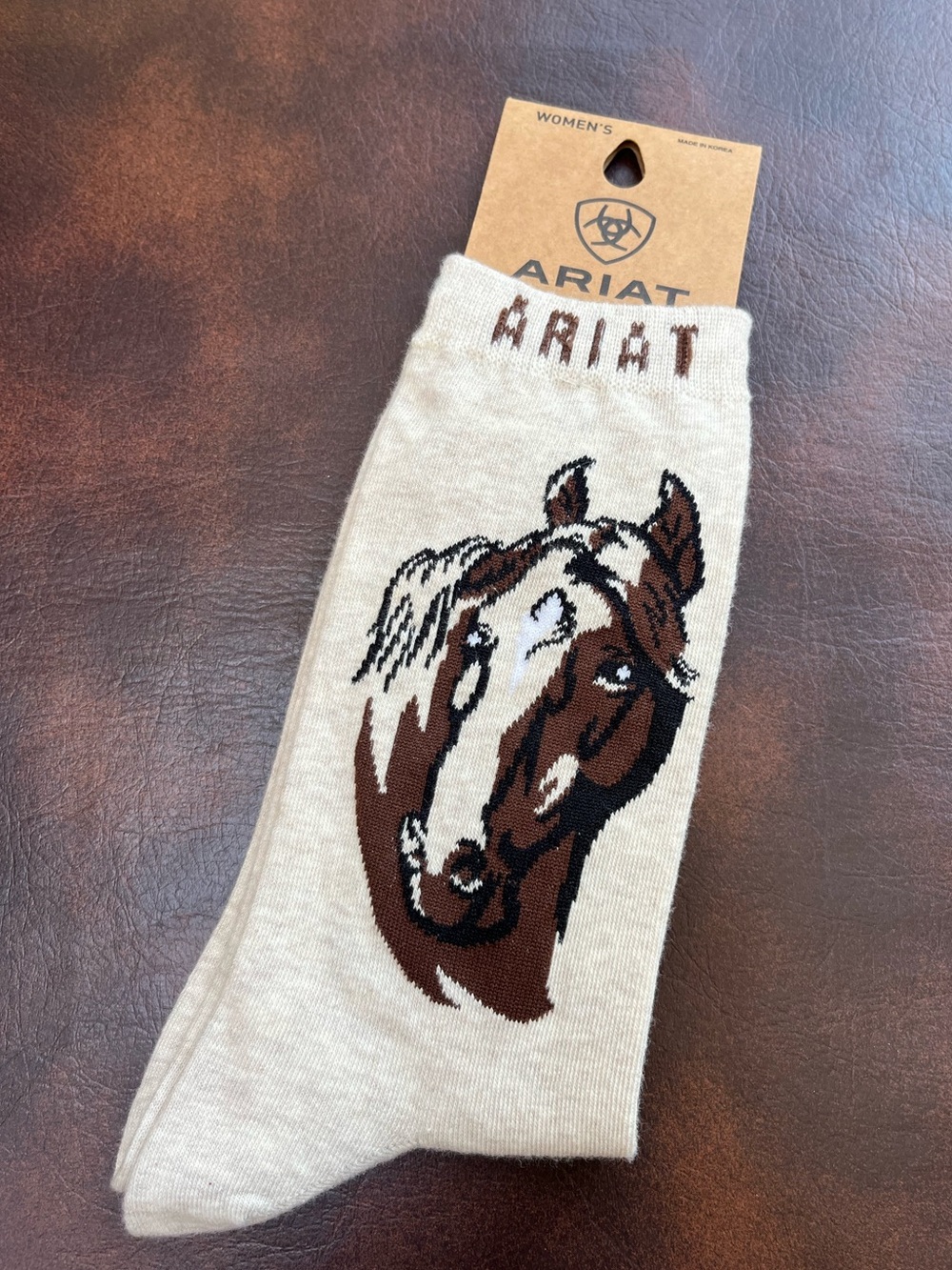 Ariat Women’s Crew Horse Head Socks (2015) NWT Brn/Blk/Cream Ranch Size 4-10 - Picture 1 of 4